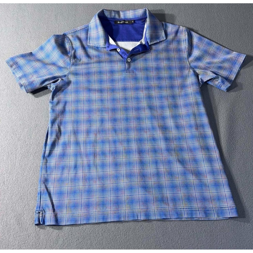 Bugatchi Polo Shirt Mens Small Blue Tech Plaid Geometric Stretch Good Condition!